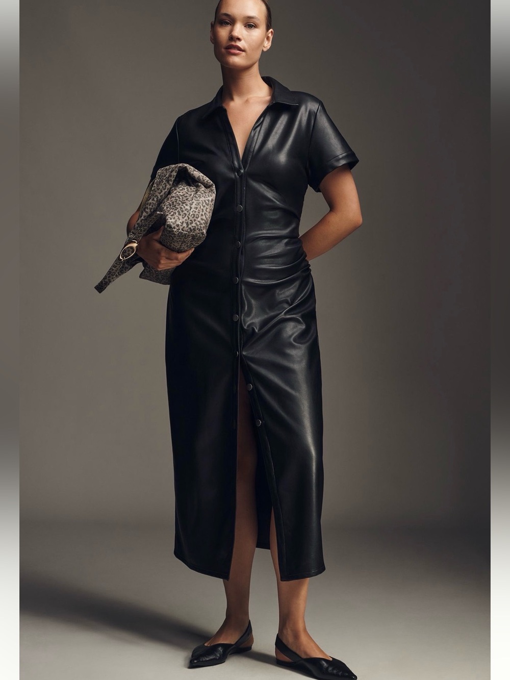 Anthropologie PILCRO Black Greer Faux-Leather MIDI Shirt Dress SZ 3X